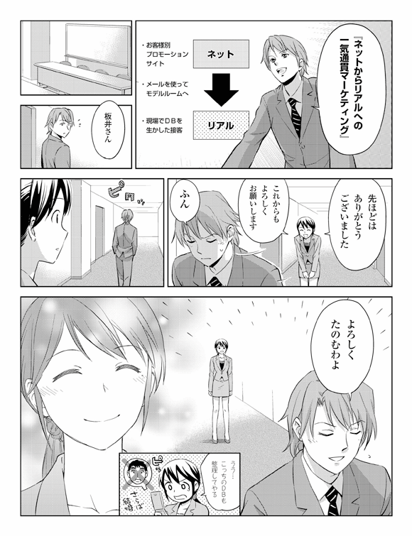 板井「『ネットからリアルへの一気通貫マーケティング』」
ネット→リアル
・お客様別プロモーションサイト
・メールを使ってモデルルームへ
・現場でDBを生かした接客
瞳「板井さん先ほどはありがとうございました」
「これからもよろしくお願いします」
板井「ふん」
「よろしくたのむわよ」
瞳「うう・・・こっちのDBも整理してやる」