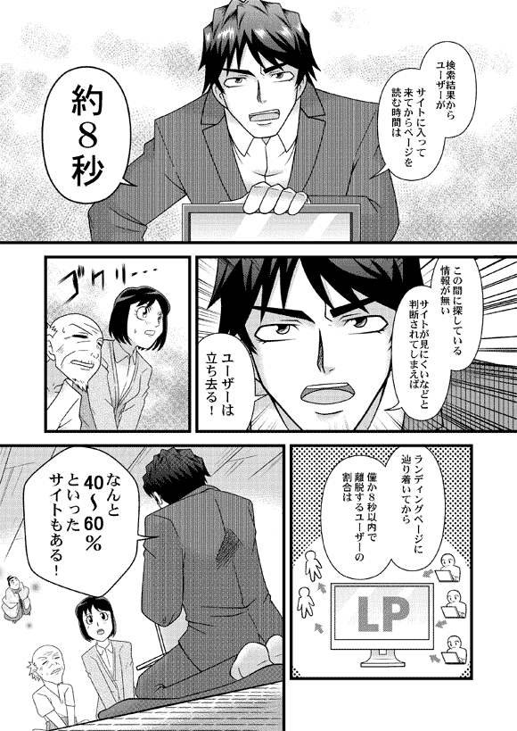 平賀源太「検索結果からユーザーが サイトに入って来てからページを読む時間は
約8秒」
「この間に探している情報が無い サイトが見にくいなどと判断されてしまえば
ユーザーは立ち去る!」
「ランディングページに辿り着いてから僅か8秒以内で離脱するユーザーの割合は
なんと40~60%といったサイトもある!」