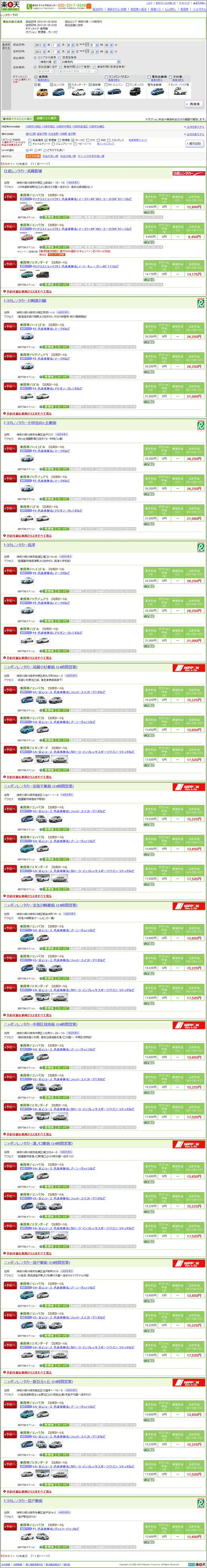 図11:「楽天トラベル」の「レンタカーを日程から探す」で検索して表示された検索結果画面