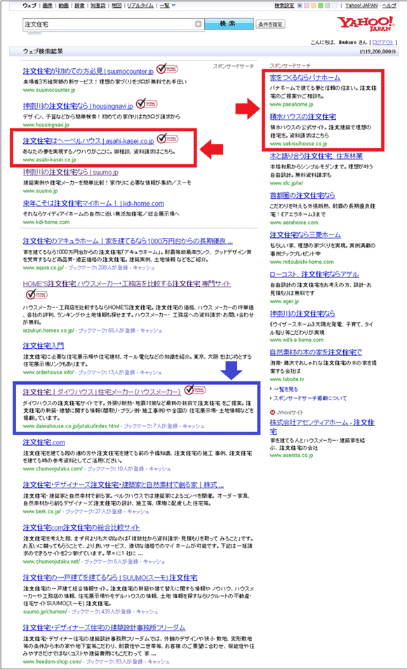 図1:「Yahoo! JAPAN」で「注文住宅」と検索した結果画面