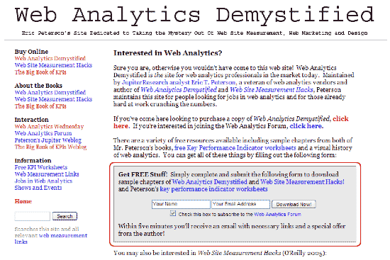 図17 Web Analytics Demystifiedのサイトにおいてリードジェネレーション機能を果たす「無料ダウンロード」コーナー
