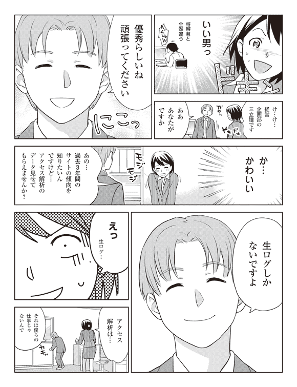 瞳(いい男っ 将解君と全然違う)
「け…け…経営企画部の三立瞳です」
福嶋「あああなたがですか」
「優秀らしいね頑張ってください」
瞳(か…かわいい)
「あの…過去3年間のサイトの傾向を知りたいんですけど…アクセス解析のデータ見せてもらえませんか?」
福嶋「生ログしかないですよ」
瞳「えっ生ログ…」
「アクセス解析は…」
福嶋「それは僕らの仕事じゃないんで」