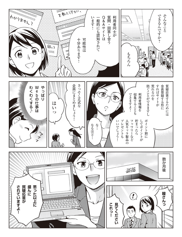 岩下「そんなことできるんですか?」
瞳「もちろん」
「利用者同士が質問・回答し合うQ&Aサイトは一般的にも認知されています!」
「可能性は十分あります!」
「質疑応答するためには会員登録する形にすればサイトが荒れるのを防ぐことができますし」
「利用者情報を収集することもできますよ!」
「ポイント割にしてポイントが貯まったらフゥワリーなど人気キャラ製品のプレゼントもいいでしょう!」
岩下「な…なるほど…」
「さっそく正式な企画にまとめましょう!」
瞳「はいっ」
(やっぱりWebの仕事はわくわくする♪)
数か月後
岩下「瞳さんっ見てくださいこれっ!」
「思った以上に盛んに質疑応答がされていますよ!」