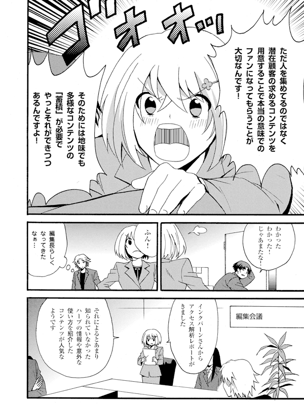 ただ人を集めてるのではなく潜在顧客の求めるコンテンツを用意することで本当の意味でのファンになってもらうことが大切なんです!
そのためには地味でも多様なコンテンツの「蓄積」が必要でやっとそれができつつあるんですよ!
わかったわかった!じゃあまたな!
ふん!
編集長らしくなってきたなぁ…
編集会議
インクバーンさんからアクセス解析レポートがきました
それによるとあまり知られていなかったハーブの情報や意外な使い方を紹介したコンテンツが人気なようです