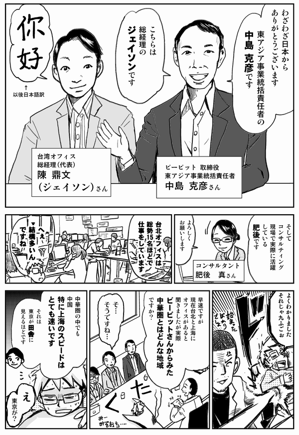 わざわざ日本からありがとうございます
東アジア事業統括責任者の
中島克彦です
ビービット取締役
東アジア事業統括責任者
中島克彦さん
こちらは総経理のジェイソンです
台湾オフィス
総経理(代表)
陳鼎文(ジェイソン)さん
そしてコンサルティング現場で
実際に活躍している肥後です
コンサルタント
肥後真さん
よろしくお願いします
台北オフィスは
総勢15名ほどで仕事をしています
へぇ
結構多いんですね
よくわかりました
それじゃ九ふごぉ
早速ですが
現在台北と上海にオフィスがあると
聞きましたが実際
ビービットさんから見た
中華圏とはどんな地域ですか?
そ…そうですね…
中華圏の中でも
中国
特に上海のスピードは
とても速いです
それは東京が田舎に見えるほどです
え
東京が?