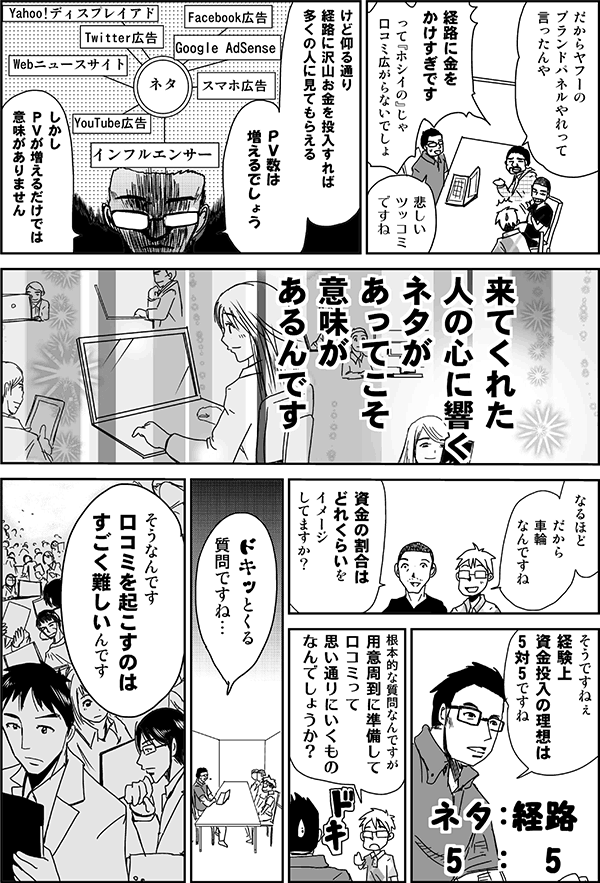 だからYahoo!のブランドパネルやれって言ったんや。
経路に金を掛けすぎです。って『ホシイの』じゃ口コミ広がらないでしょ。
悲しいツッコミですね。
けど仰有る通り経路に沢山お金を投入すれば多くの人に見てもらえる。PV数は増えるでしょう。しかしPVが増えるだけでは意味がありません。来てくれた人の心に響くネタがあってこそ意味があるんです。
なるほど、だから車輪なんですね。資金の割合はどれくらいをイメージしてますか?
そうですね、経験上資金投入の理想は5対5ですね。
根本的な質問なんですが、用意周到に準備して口コミって思いどおりにいくものなんでしょうか?
ドキッとくる質問ですね。そうなんです。口コミを起こすのはすごく難しいんです。
