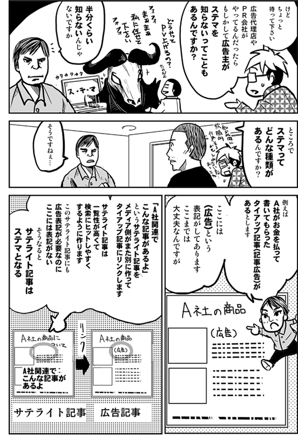 そけど、ちょっと待ってください。広告代理店やPR会社がやってるんだったら、もしかして広告主がステマを知らないってこともあるんですか?
半分くらい知らないんじゃないですか。
広告主が知らぬ間にステマをしてるんですかっ!?
ところで、ステマってどんな種類があるんですか?
そうですねぇ…。例えば、例えばA社がお金を払って書いてもらったタイアップ記事(記事広告)があるとします。ここには(広告)という表記がしてあります。ここまでは大丈夫なんですが、「A社関連でこんな記事があるよ」というサテライト記事をメディア側がまた別に作ってタイアップ記事にリンクします。サテライト記事は一覧性が高くて検索にヒットしやすくするように作ります。このサテライト記事にも広告表記が必要なのに、ここには表記がない。そうなるとサテライト記事はステマとなる。