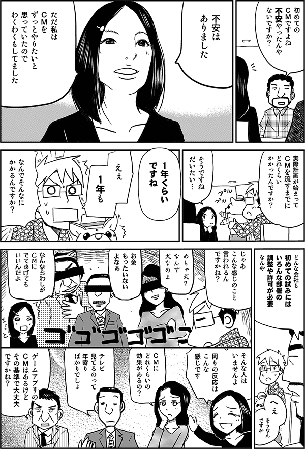 初めてのCMですよね。不安やったんやないですか？
不安はありました。ただ私はCMをずっとやりたいと思っていたので、わくわくもしてました。
実際計画が始まってCMを流すまでにどれくらいかかったんですか？
そうですねだいたい1年くらいですね。
えぇ1年も。なんでそんなにかかるんですか？
どんな会社も初めての試みにはいろんな部署の調整や許可が必要なんや。
へぇそうなんですか。じゃあこんな感じのこと言われるんですかね。
めちゃ犬？なんで犬なのよ。
お金もったいないよなぁ。
なんならわしがCMに出てあげてもいいんだよ。
そんな人はいませんよ。周りの反応はこんな感じです。
CMにどれくらいの効果があるの？
テレビ見てるのって年寄りばかりでしょ。
アプリゲームのCMはあるけど、その基準で大丈夫ですかね。