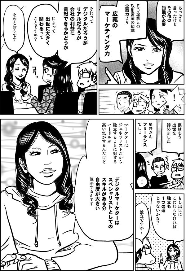 さっきも言ったけど
その他の知識が必要
EC企業との取引営業の知識、企画力
より広義のマーケティング力
!
…
つまり
デジタルだろうが
リアルだろうが
会社の利益に
どれだけ貢献できる
かどうか
それが
出世に大きく
関わるって
ことですか?
そのとおりです
僕はもう
出世を
諦めました
星井さん
フリーランス
でしょ
!
もし出世に
こだわらなければ
独立も
1つの道
じゃないかな?
独立ですか…
マーケターは
ジェネラリストだから
独立することに対する
ハードルが
高い気がするんだけど
デジタルマーケターは
スペシャリストとしての
スキルがある分
自由度が
大きい気がするんです