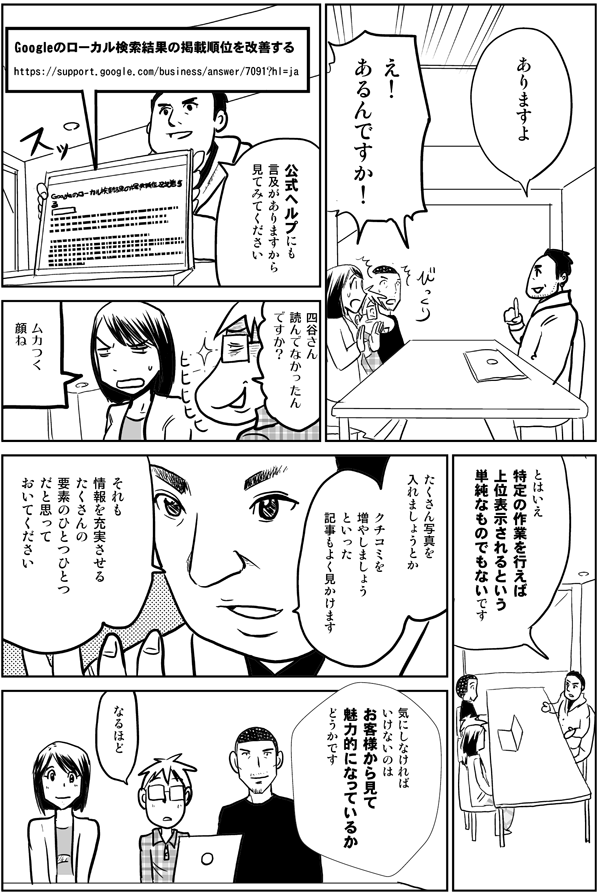 ありますよ
え!
あるんですか!
公式ヘルプにも言及がありますから見てみてください
Google のローカル検索結果の掲載順位を改善する
https://support.google.com/business/answer/7091?hl=ja
四谷さん
読んでなかったんですか?
ムカつく顔ね
とはいえ
特定の作業を行えば
上位表示されるという
単純なものでもないです
たくさん写真を入れましょう
とか
クチコミを増やしましょう
といった
記事もよく見かけます
それも情報を充実させる
たくさんの要素のひとつひとつ
だと思っておいてください
気にしなければ
いけないのは
お客様から見て
魅力的になっているか
どうかです
なるほど