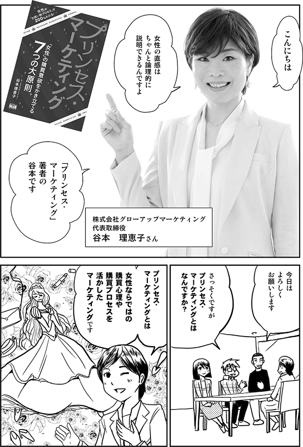 こんにちは
女性の直感は
ちゃんと論理的に
説明できる んですよ
株式会社グローアップマーケティング
代表取締役
谷本 理恵子さん
さっそくですが
プリンセス・
マーケティングとは
なんですか?
プリンセス・
マーケティング とは
女性ならではの
購買心理や購買プロセスを
活かしたマーケティングです