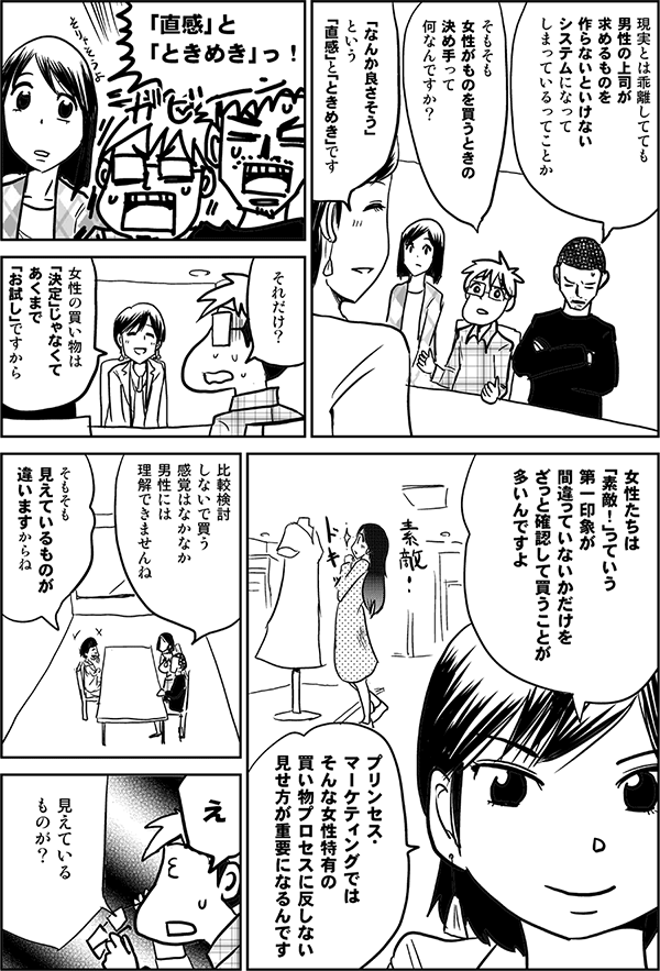 現実とは乖離していても
男性の上司が
求めるものを
作らないといけない
システムになって
しまっているってことか
そもそも
女性がものを買うときの
決め手って
何なんですか?
「なんか良さそう」という
「直感」と「ときめき」です
直感と
ときめきっ
それだけ?
女性の買い物は
「決定」じゃなくて
あくまで「お試し」ですから
女性たちは
「素敵!」っていう
第一印象が
間違っていないかだけを
ざっと確認して買うことが
多いんですよ
プリンセス・
マーケティングでは
そんな女性特有の
買い物プロセスに反しない
見せ方が重要になるんです
好き
嫌い
比較検討しないで買う
感覚はなかなか
男性には
理解できませんね
そもそも
見えているものが
違いますからね
え
見えているもの
って
そんなに
違いますか?
