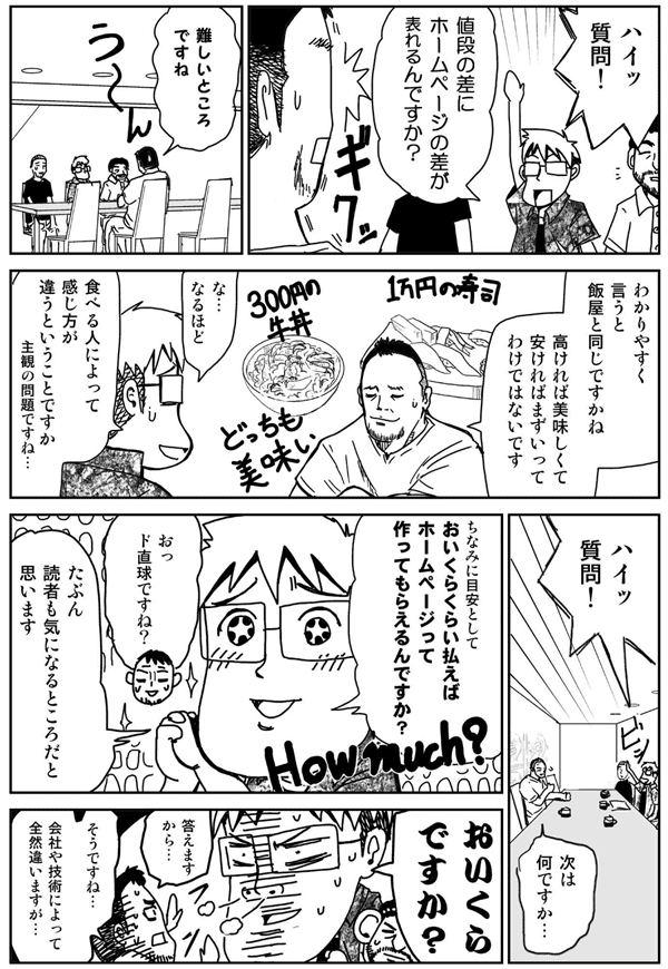 ハイッ質問!値段の差にホームページの差が表れるんですか?
難しいところですね。
わかりやすく言うと飯屋と同じですかね。
高ければ美味しくて、安ければまずいってわけではないです。
なるほど。食べる人によって感じ方が違うと言うことですか。
主観の問題ですね。
ハイッ質問!次は何ですか?
ちなみに目安としておいくらくらい払えばホームページって作ってもらえるんですか?
おっド直球ですね。たぶん読者も気になるところだと思います。
おいくらですか?
答えますから。
そうですね、会社や技術によって全然違いますが。