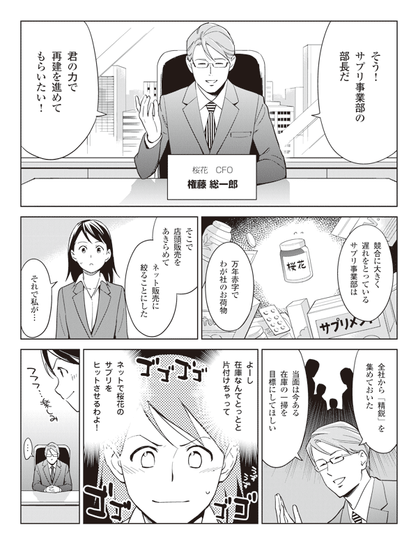 権藤「そう!サプリ事業部の部長だ
桜花
CFO
権藤総一郎
権藤「君の力で再建を進めてもらいたい!」
「競合に大きく遅れをとっているサプリ事業部は万年赤字でわが社のお荷物」
「そこで店頭販売をあきらめてネット販売に絞ることにした」
瞳「それで私が…」
権藤「全社から『精鋭』を集めておいた」
「当面は今ある在庫の一掃を目標にしてほしい」
瞳(よーし在庫なんてとっとと片付けちゃってネットで桜花のサプリをヒットさせるわよ!)