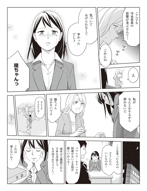 池添「ここでも守谷室長の影響が及ぶなんて…」
瞳「ごめんね」
池添「え」
瞳「気づいてあげられなくて」
「辛かったでしょ」
池添「瞳ちゃんっ」
瞳「私がなんとかするから辞めないで」
池添「瞳ちゃん泣かないでよ」
瞳「なんとかするからね…」
「…とは言ったもののどうしたらいいものか…」
福山「パワハラ・セクハラは証拠がないと立証が難しいからな…」
瞳「相手は上層部だから下手な方法じゃもみ消されちゃうし…」
岡部「これは使えないか?」