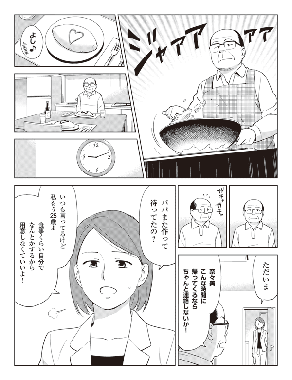 岡部「よし♪」
奈々美「ただいま」
岡部「奈々美こんな時間に帰ってくるならちゃんと連絡しないか!」
奈々美「パパまた作って待ってたの?」
「いつも言ってるけど私もう25歳よ」
「食事くらい自分でなんとかするから用意しなくていいよ!」