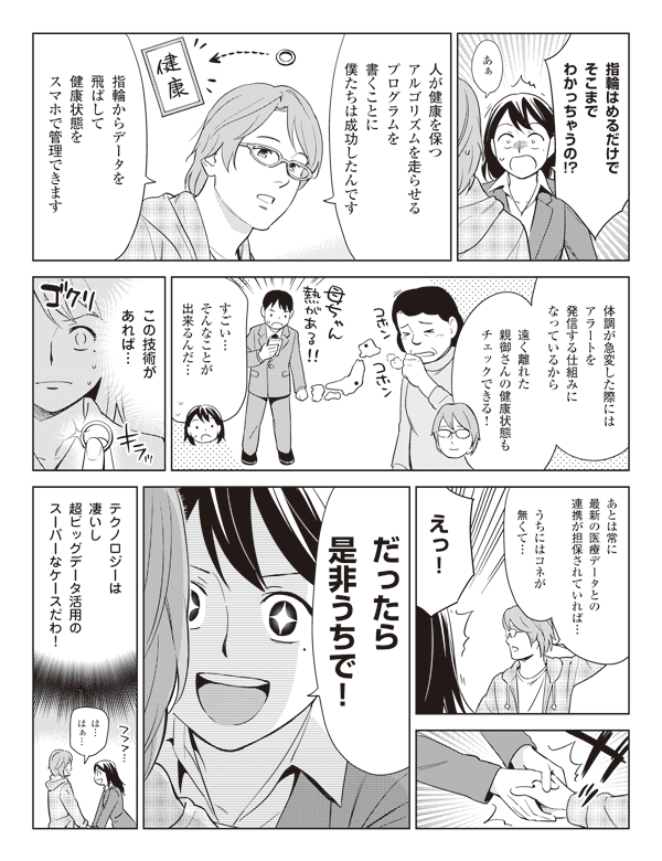 瞳「指輪はめるだけでそこまでわかっちゃうの!?」
「あぁ」
「人が健康を保つアルゴリズムを走らせるプログラムを書くことに僕たちは成功したんです」
「指輪からデータを飛ばして健康状態をスマホで管理できます」
「体調が急変した際にはアラートを発信する仕組みになっているから」
「遠く離れた親御さんの健康状態もチェックできる!」
瞳「すごい…そんなことが出来るんだ…」
瞳「この技術があれば…」
「あとは常に最新の医療データとの連携が担保されていれば…」
「うちにはコネが無くて…」
瞳「えっ!」
瞳「だったら是非うちで!」
瞳「テクノロジーは凄いし超ビッグデータ活用のスーパーなケースだわ!」
「は…はぁ…」