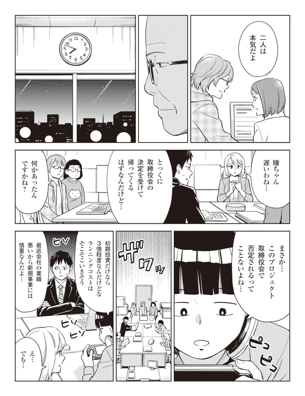 福山「二人は本気だよ」
池添「瞳ちゃん遅いわね…」
福山「とっくに取締役会の決定を受けて帰ってくるはずなんだけど…」
赤城「何かあったんですかね？」
三浦「まさか…このプロジェクト取締役会で否定されるってことないよね…」
「初期投資だけなら３億程度なんだけどなランニングコストはそこそこいきそう」
福山「最近会社の業績悪いから新規事業には慎重なんだよ…」
池添「え…でも…」