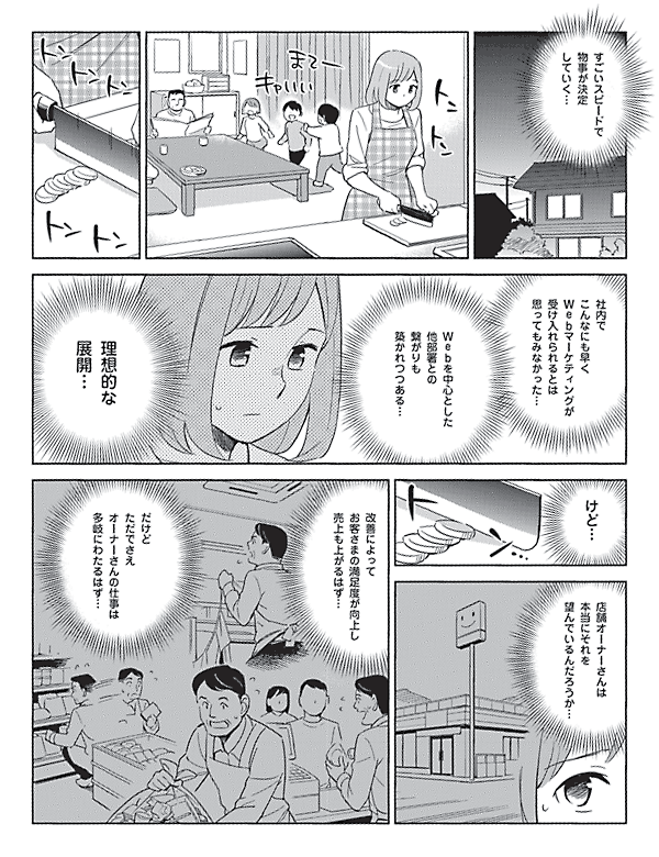 すごいスピードで
物事が決定
していく…

社内で
こんなにも早く
Webマーケティングが
受け入れられるとは
思ってもみなかった…

Webを中心とした
他部署との
繋がりも
築かれつつある…

理想的な
展開…

けど…

店舗オーナーさんは
本当にそれを
望んでいるんだろうか…

改善によって
お客さまの満足度が向上し
売上も上がるはず…

だけど
ただでさえ
オーナーさんの仕事は
多岐にわたるはず…
