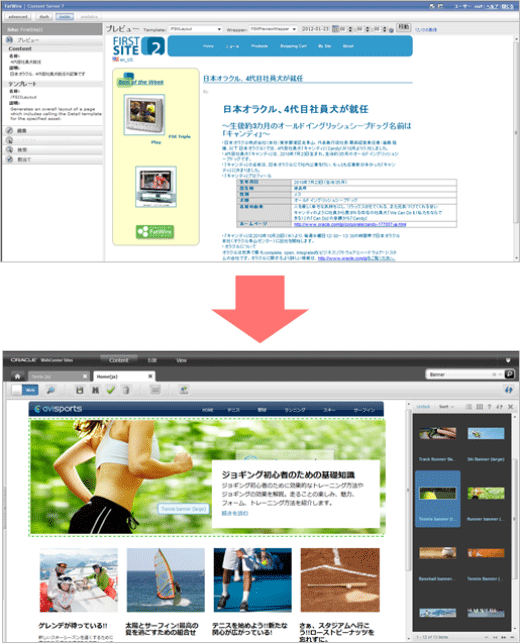 FatWire（上）とWebCenter Sites 11gR1以降（下）の編集画面の比較。WYSIWIGやドラッグ＆ドロップによる操作など、より直感的にコンテンツを制作できるようになった
