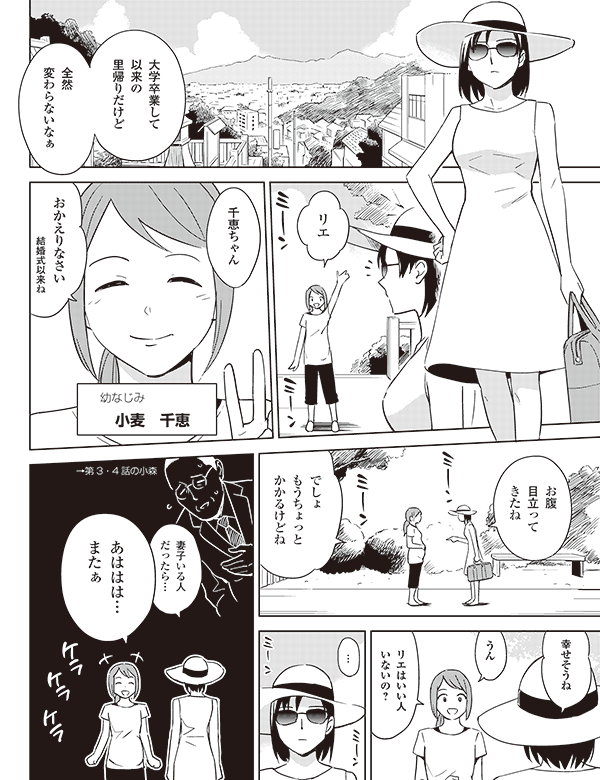 大学卒業して
以来の
里帰りだけど

全然
変わらないなぁ

リエ

千恵ちゃん

幼なじみ
小麦　千恵

おかえりなさい

結婚式以来ね

お腹
目立って
きたね

でしょ
もうちょっと
かかるけどね

幸せそうね

うん

リエはいい人
いないの？

…

→第3・4話の小森

妻子いる人
だったら…

あははは…
またぁ