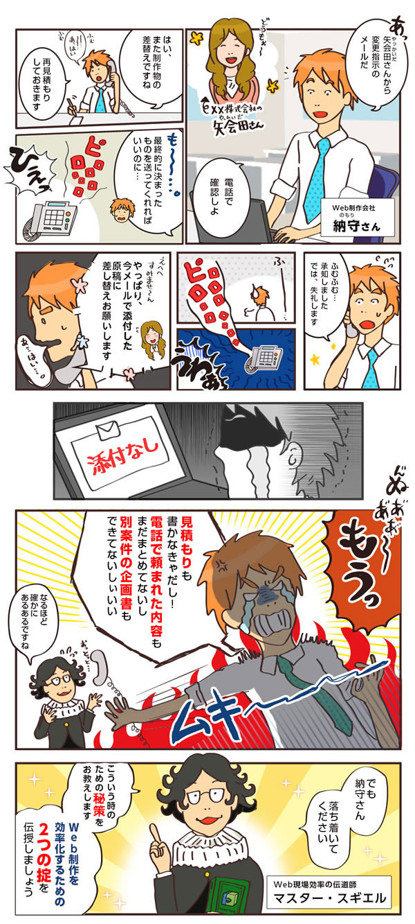 制作会社　Webディレクター　納守（のもり）さん

あ、矢会田（やあた）さんからメールが来ている。
ん？また、制作物の差し替え？
なんで、最終的に決まったものを送ってくれないんだよ、もぉー

お世話になります、矢会田さん。差し替えについてですが…
ふむふむ、承知しました。
再見積もりをして、メールでお知らせしますね。

すみません、納守さん、やっぱりさっき依頼したものではなく……のようにお願いしたいのですが。
承知しました。
もぉ～、見積もりも書かなきゃいけないし。
電話で依頼された内容を取りまとめなきゃいけないし。
あ！別で依頼されていた案件について企画書も出さないといけないし。
わぁ～もぉぉ！
納守さん、落ち着いて下さい。

私が解決方法をお教えしましょう！
Web制作を効率化するための2つの掟を紹介しましょう。