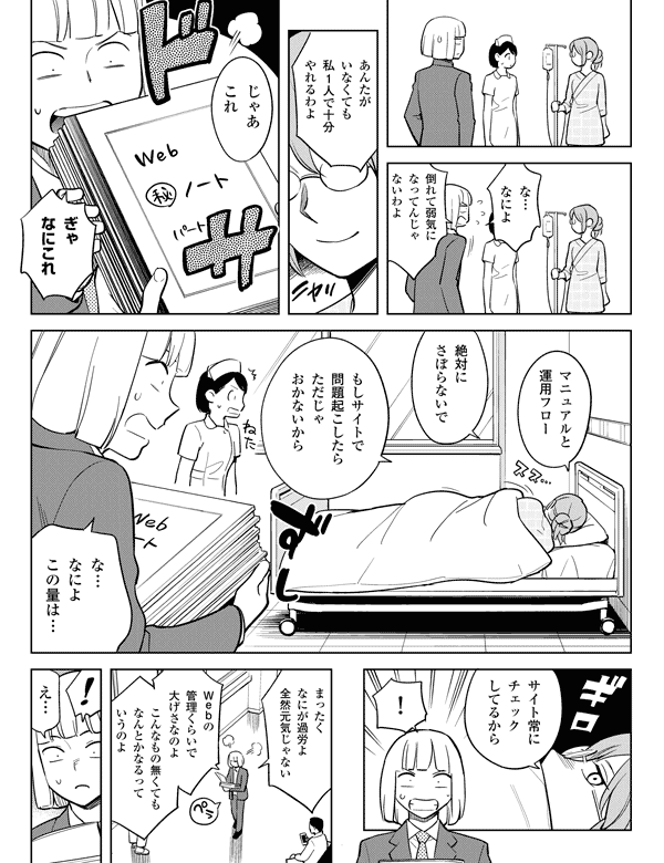 な…
なによ
倒れて弱気に
なってんじゃ
ないわよ
ぎゃ
なにこれ
あんたが
いなくても
私1人で十分
やれるわよ
マニュアルと
運用フロー
絶対に
さぼらないで
もしサイトで
問題起こしたら
ただじゃ
おかないから
まったく
なにが過労よ
全然元気じゃない
じゃあ
これ
こんなもの
無くても
なんとかなるって
いうのよ
サイト常に
チェック
してるから
!
え…
な…
なによ
この量は…
Webの
管理くらいで
大げさなのよ