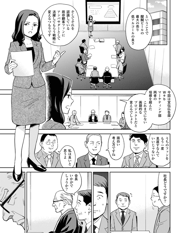 これまでにない画期的なプロジェクトだと言えるでしょう
今回は宣伝広告部・Webマーケティング部両者の垣根を超えた
ということで醍醐ビールの最大の売り低アルコールの良さ
そしてそれを認識している既存顧客ファンにアンバサダーとして活躍してもらう戦略に変えるつもりです
うちのファンをもう一度見直すなんていいじゃないか
面白い考え方ですね
私は良いと思うよ
社長どうですか?会長いかがでしょうか?