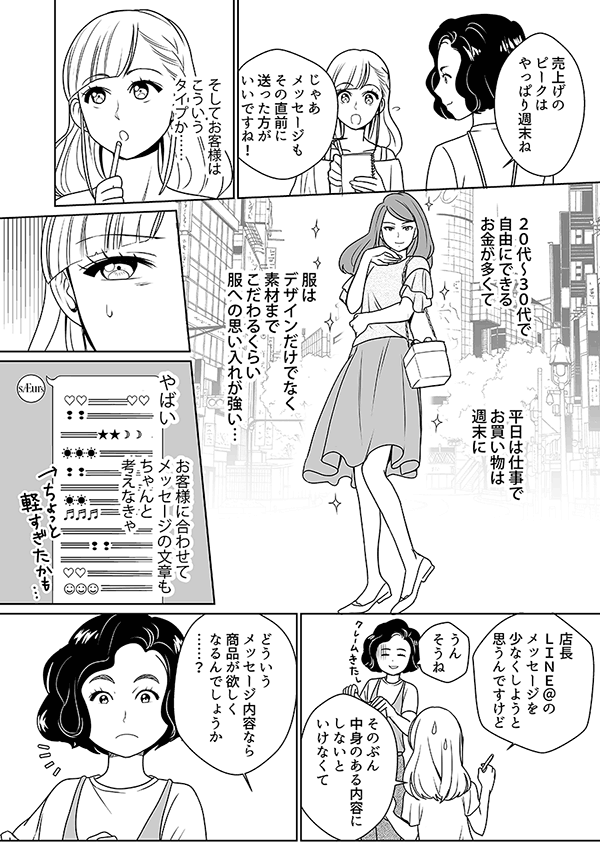 売上げのピークはやっぱり週末ね
じゃあメッセージもその直前に送った方がいいですね!
そしてお客様はこういうタイプか……
20代~30代で自由にできるお金が多くて
平日は仕事でお買い物は週末に
服はデザインだけでなく素材までこだわるくらい服への思い入れが強い…
やばい
お客様に合わせてメッセージの文章もちゃんと考えなきゃ
店長LINE@のメッセージを少なくしようと思うんですけど
うんそうね
そのぶん中身のある内容にしないといけなくて
どういうメッセージ内容なら商品が欲しくなるんでしょうか……?