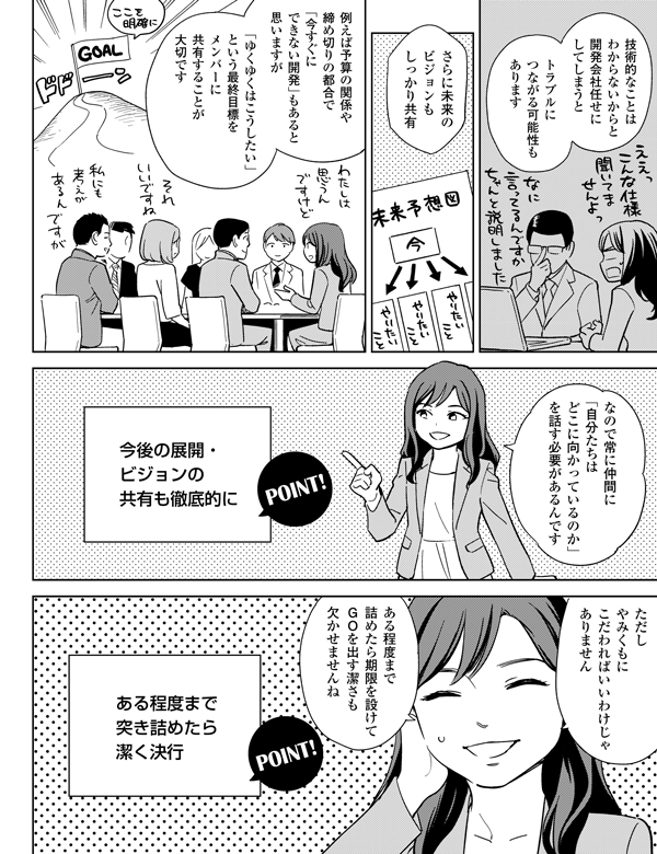 
「ゆくゆくはこうしたい」
という最終目標を
メンバーに
共有することが
大切です

例えば
予算の関係や締め切りの
都合で
「今すぐに
できない開発」もあると
思いますが

トラブルに
つながる可能性も
あります

技術的なことは
わからないからと
開発会社任せに
してしまうと


さらに未来の
ビジョンも
しっかり共有

なので
常に仲間に
「自分たちは
どこに向かっているのか」
を話す
必要があるんです


今後の展開・
ビジョンの
共有も徹底的に

ただし
やみくもに
こだわればいいわけじゃ
ありません

ある程度まで
詰めたら期限を設けて
ＧＯを出す
潔さも欠かせませんね


ある程度まで
突き詰めたら
潔く決行
