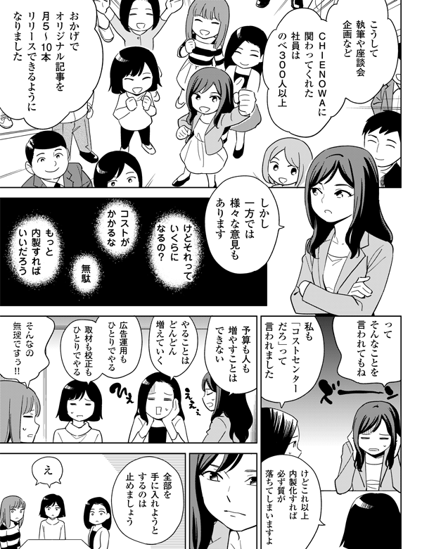 こうして執筆や座談会企画など、CHIENOWAに関わってくれた社員は述べ300人以上。おかげでオリジナル記事 月5~10本リリースできるようになりました。
しかし一方では様々な意見もあります。
けどそれっていくらになるの? コストがかかるな。無駄。もっと内製すればいいだろう。
栗田:ってそんなことを言われてもね
社員1:私も「コストセンターだろ」って言われました。
社員2:けどこれ以上内製化すれば必ず質が落ちてしまいますよ
社員3:予算も人も増やすことは出来ない。やることはどんどん増えていく。広告運用もひとりでやる。取材も校正もひとりでやる。そんなの無理ですぅ!!
栗田:全部を手に入れようとするのは止めましょう
みんな:え