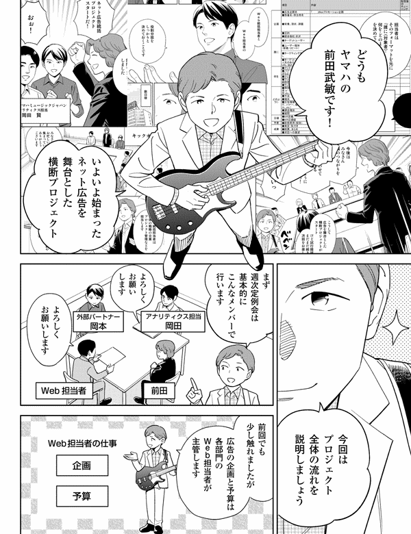 
どうも
ヤマハの
前田武敏です！

いよいよ始まった
ネット広告を
舞台とした
横断プロジェクト

今回は
プロジェクト
全体の流れを
説明しましょう

まず
週次定例会は
基本的に
こんなメンバーで
行います

よろしく
お願い
します

よろしく
お願いします

外部パートナー
　　岡本

前田

アナリティクス担当
　　　岡田

Ｗｅｂ担当者

前回でも
少し触れましたが

広告の企画と予算は
各部門の
Ｗｅｂ担当者が
主管します

Ｗｅｂ担当者の仕事

企画

予算
