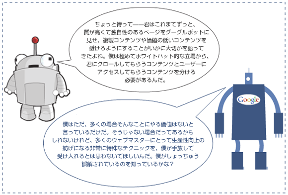 ちょっと待って――君はこれまでずっと、質が高くて独自性のあるページをグーグルボットに見せ、複製コンテンツや価値の低いコンテンツを避けるようにすることがいかに大切かを語ってきたよね。僕は極めてホワイトハット的な立場から、君にクロールしてもらうコンテンツとユーザーにアクセスしてもらうコンテンツを分ける必要があるんだ。
僕はただ、多くの場合そんなことにやる価値はないと言っているだけだ。そうじゃない場合だってあるかもしれないけれど、多くのウェブマスターにとって生産性向上の妨げになる非常に特殊なテクニックを、僕が手放しで受け入れるとは思わないでほしいんだ。僕がしょっちゅう誤解されているのを知っているかな?