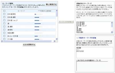 画面左側に入力した語句に関連するキーワード候補と予想検索数の目安