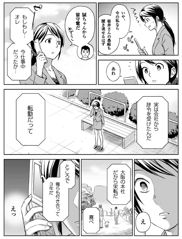 瞳「いや、今の私なら板井さんの愚痴も聞き流せるはず」
「あれ誠ちゃんから留守電だ」
瞳の彼氏：前田誠「もしもし…オレ」
「今仕事中だったか…」
「実は会社から辞令を受けたんだ」
「転勤だって」
瞳「え」
前田誠「大阪の本社だから栄転だ喜べ」
「ところで俺らも付き合って３年だ」
瞳「えっ」