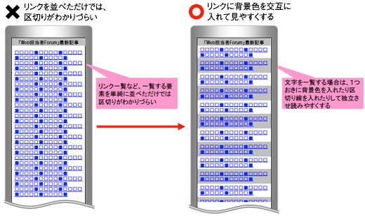 リンクを並べる場合は背景色や区切り線を入れる