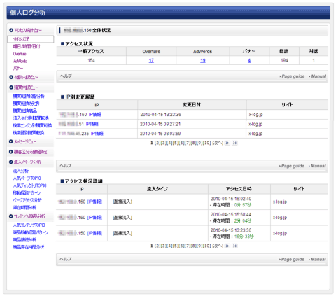 個人ログ分析の画面。IPアドレスが変わってもその人の一連のアクセス状況をチェックできる