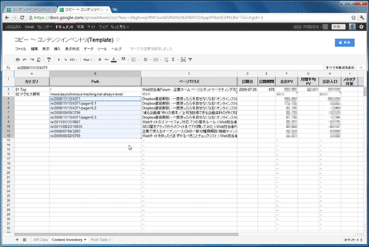 「Content Inventory」シートに各ページのURLを記入していく