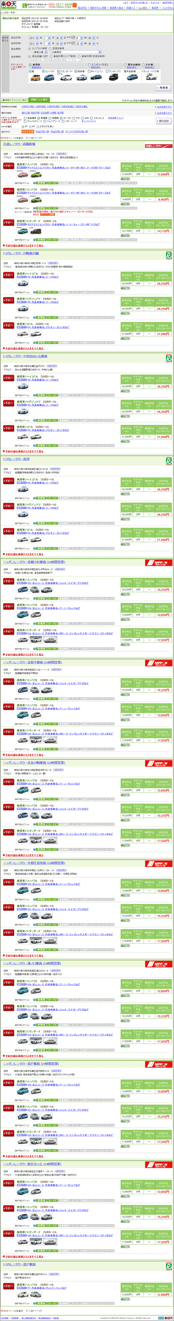 図11：「楽天トラベル」の「レンタカーを日程から探す」で検索して表示された検索結果画面
