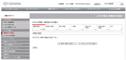 図10：「車種の選択」1ページ目。カタログ請求画面に表示される7つのステップ