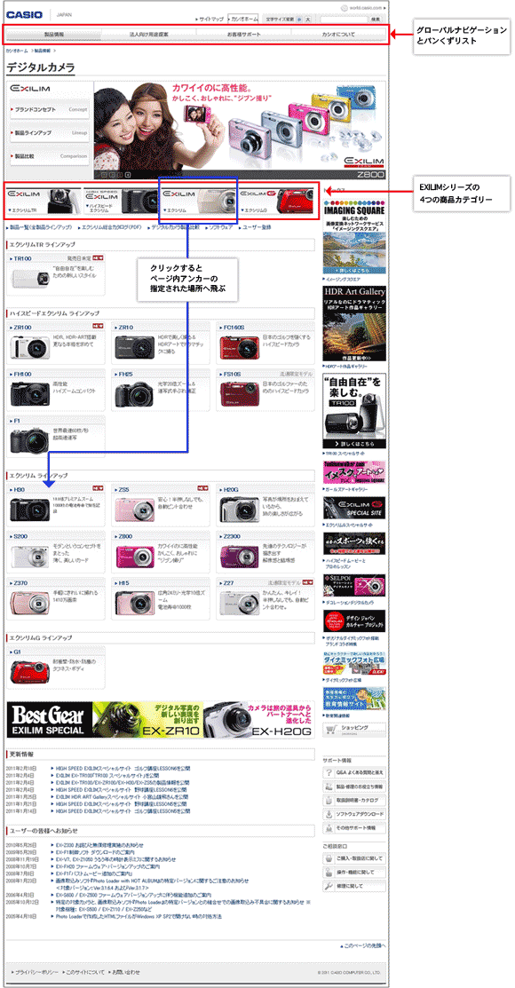 図1：「カシオ」のデジタルカメラサイトのトップページ。EXILIMには4つのカテゴリーがある