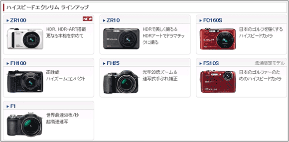 図3：カシオのデジタルカメラのサイトの「ハイスピードエクシリム」商品群。7種類のカメラがある