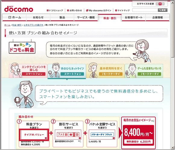 図10：「使い方別 プランの組み合わせイメージ」ページの「手のひらネットライフ（スマートフォン）」タブを選択したところ