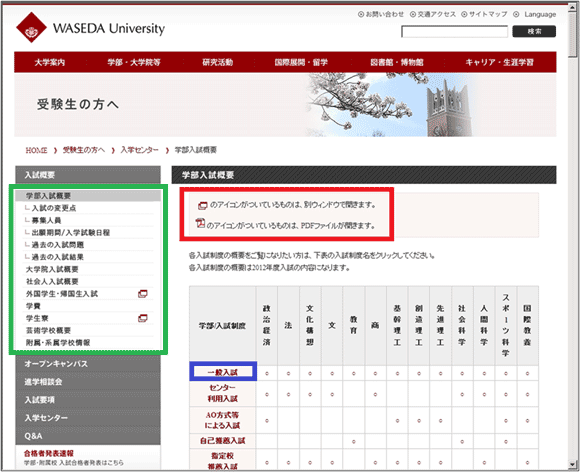 図10：「学部入試概要」のページ