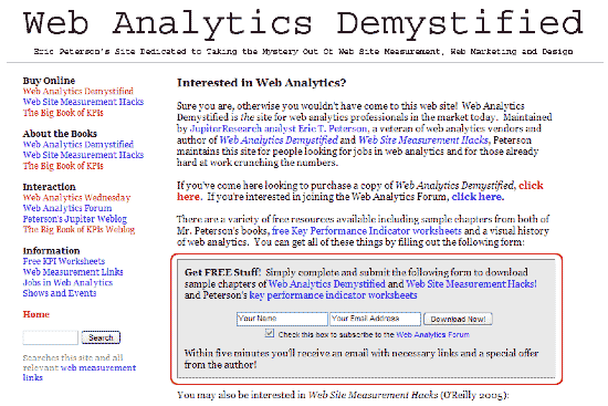 図17　Web Analytics Demystifiedのサイトにおいてリードジェネレーション機能を果たす「無料ダウンロード」コーナー