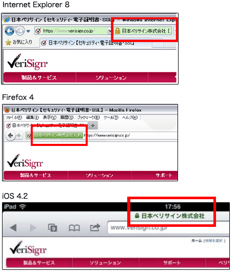 ブラウザ毎のEV SSL証明書の見え方の例