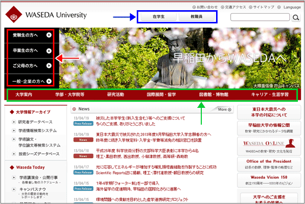 図11：早稲田大学のトップページ