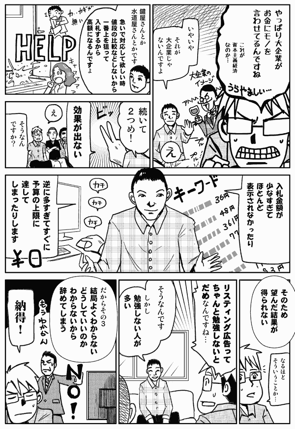 やっぱり大企業がお金にモノを言わせてるんですね。
これが資本主義経済なのか…。
いやいや、それが大企業じゃないんですよ。
鍵屋さんとか、水道屋さんとかです。急いで対応してほしいとき、値段の比較などしないから、一番上を狙って入札するから高額になるんですよ。
続いて2つめ！効果が出ない。
え、そうなんですか？
入札金額が少なすぎてほとんど表示されなかったり、逆に多すぎてすぐに予算の上限に達してしまったりします。そのため、望んだ結果が得られない。
なるほど、そういうことか…。
リスティング広告ってちゃんと勉強しないとだめなんですね。
そうなんです。しかし、勉強しない人が多い。
だからその3。結局良く分からない。どうしていいのか分からないから、辞めてしまう。
納得。