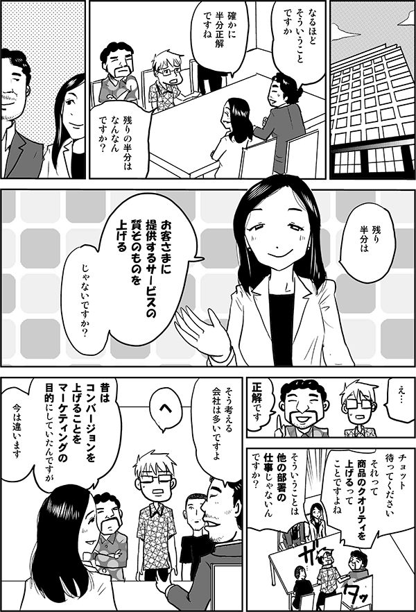 なるほど、そういうことですか。
確かに半分正解ですね。
残りの半分は何なんですか？
残り半分は、お客さまに提供するサービスの質そのものを上げる、じゃないですか？
正解です。
チョット待ってください。それって商品のクオリティを上げるってことですよね。そういうことは他の部署の仕事じゃないんですか？
そう考える会社は多いですよ。
昔はコンバージョンを上げることをマーケティングの目的にしていたんですが、今は違います。