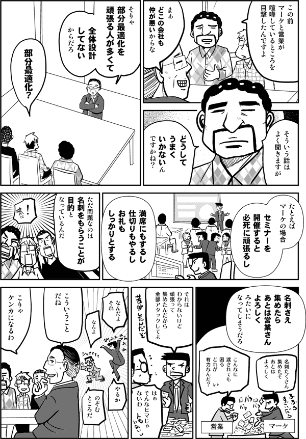 この前、マーケと営業が喧嘩しているところを目撃したんですよ。
まぁどこの会社も仲が悪いからな。
そういう話はよく聞きますが、どうしてうまくいかないんですかね。
そりゃ部分の最適化を頑張る人が多くて、設計してないからだろ。
部分最適化？
たとえばマーケの場合、セミナーを開催すると必死に頑張るし、満席にもするし、仕切りもやるし、お礼もしっかりとする。ただ問題なのは、名刺をもらうことが目的となっているんだ。名刺さえ集めたらあとは営業さんよろしくみたいになってしまうだろ。
こりゃケンカになるわ。
